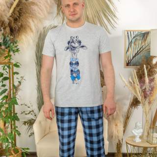 Пижама мужская жираф синяя клетка со штанами  - фото 1