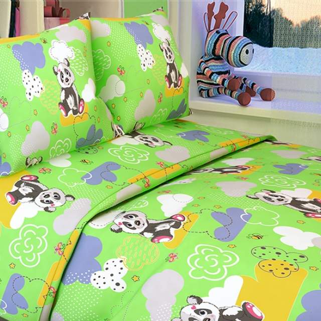 Комплект постельного белья Панды зеленый бязь - фото 1